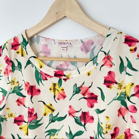 MERONA CREAM/GREEN/YELLOW/PINK FLORAL FLOATY TOP/BLOUSE WITH TULIP SLEEVES-XS - Picture 6 of 7